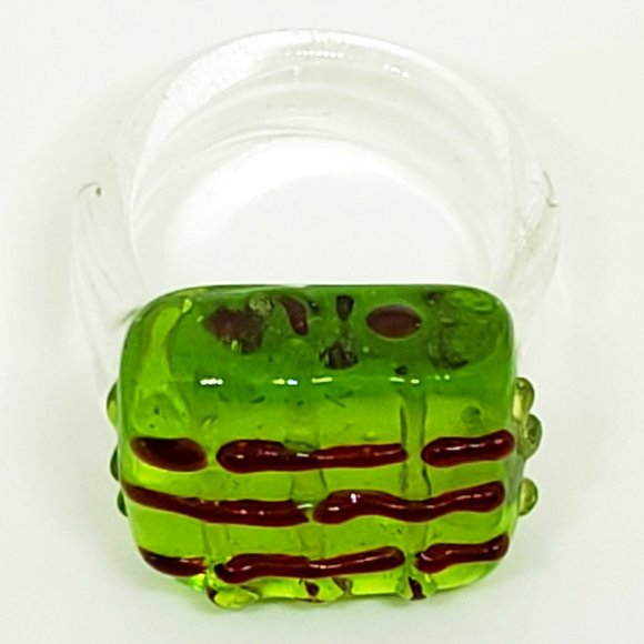 Vintage Mid Century Modern Apple Green and Red Square Front Glass Ring Size 7.5 - Picture 3 of 10